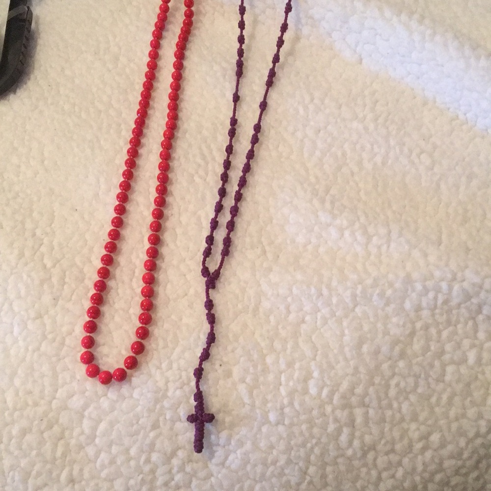 long purple rosary and red bead necklace bundle